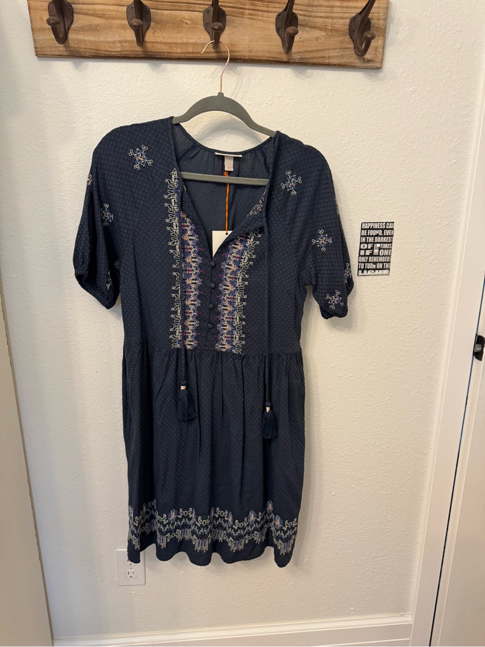 Knox Rose Navy Embroidered Tassel V-Neck Mini Dress